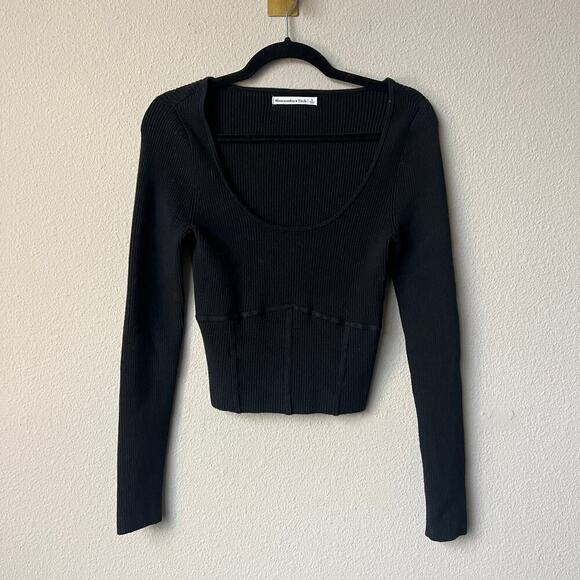 Abercrombie & Fitch Black Ribbed Scoop Neck Long Sleeve Top Size S - Picture 2 of 5